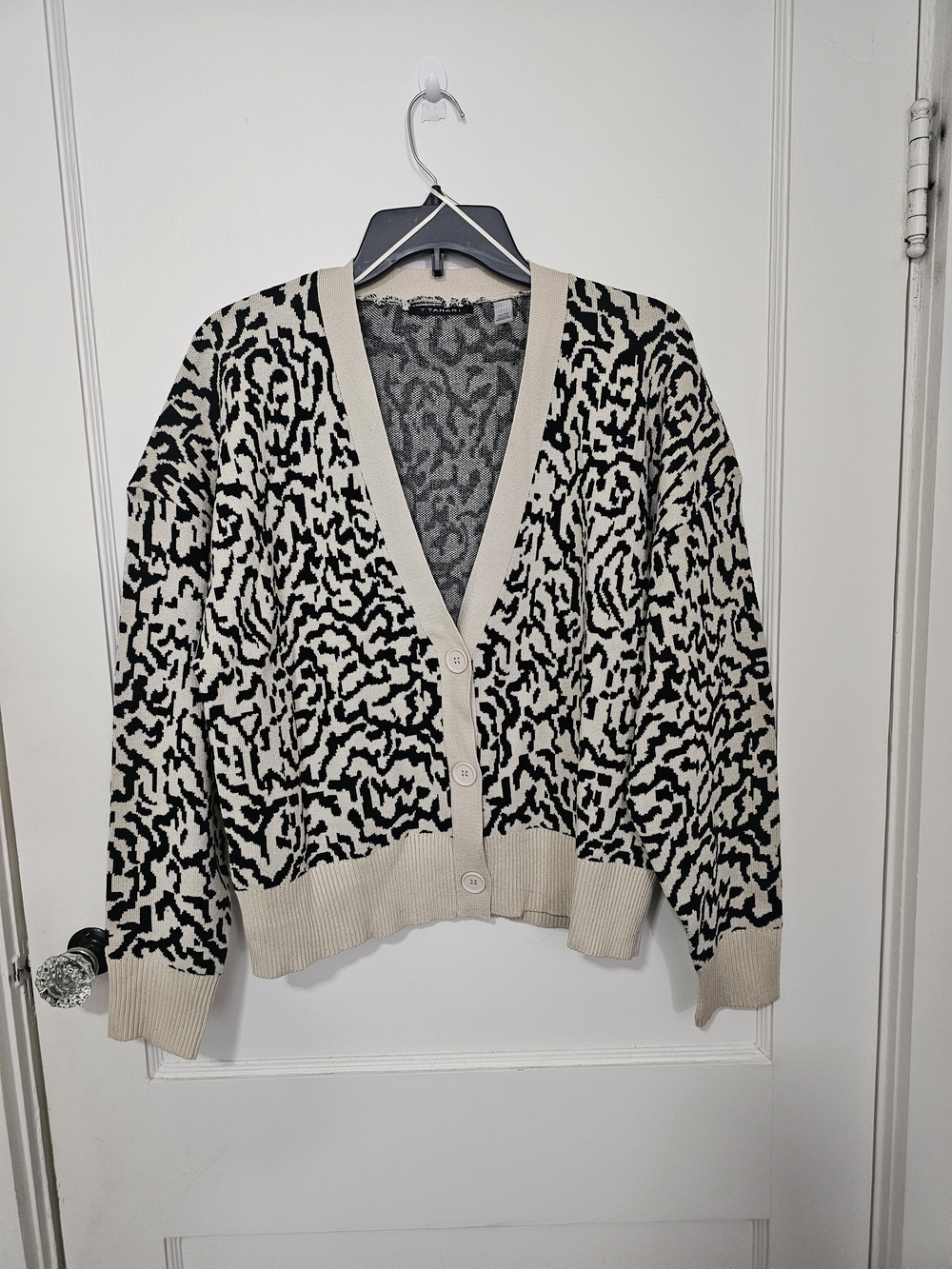 T Tahari Black and Beige Leopard-Print Button Cardigan